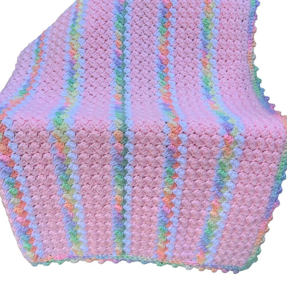 Baby Afghan Hand Crocheted 34X42 Pink Multi Color Rainbow Stripes Scalloped Edge